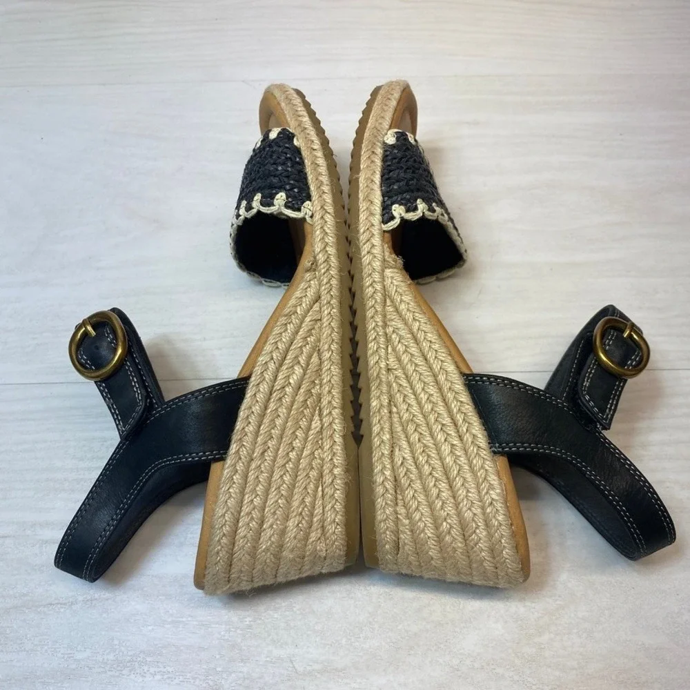 Sofft Inez Womens 10M Espadrille Wedge Sandals Woven Leather Black Jute Boho